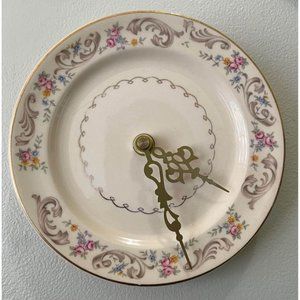 Plate Clock - Vintage Floral English Tea Saucer Clock - 6.5" gold ornate hands
